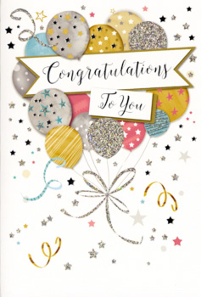 The card shown here presents a refined celebration scene, as if someone has gathered the spirit of a lively Queen's Park party and translated it into ink, shimmer, and soft colour. At the heart of the design is a rounded cluster of balloons, each one slightly overlapping the next to create a sense of depth and fullness, like a hand-tied bouquet of air. Their colours are understated yet festive: brushed gold, antique silver, champagne cream, a calm sky blue, gentle blush pink, and a touch of dove grey. Some balloons are decorated with scattered metallic stars; others carry narrow glittering bands or confetti-style dots that hint at texture and sparkle without becoming garish. Fine, curling ribbons stream downward in metallic gold and silver lines, their drawn loops mimicking the easy curves we tie every day in the workshop just off Salusbury Road. Across the middle of this balloon cluster, a light banner stretches from side to side, gently arched, with a graceful Congratulations message scripted in elegant, dark ink that contrasts softly against the pale background. Around everything, the card is dusted with small stars, shimmering confetti, and curled flourishes, giving the impression of motion, laughter, and clinking glasses. The overall composition is airy yet deliberate, much like a thoughtfully arranged bouquet designed to mark a proud moment-a successful exam, a long-awaited promotion, or the opening of a new local business near Queen's Park station. It feels like a keepsake you'd want to display on a mantelpiece, a quiet but radiant reminder of a milestone worth celebrating.