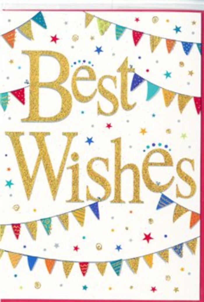 In this image, a celebratory Best Wishes card is shown in clear detail, radiating the sort of uplifting energy you might feel walking through Queen's Park on a bright spring morning. The base of the card is a clean, matte white, providing a calm backdrop that allows the decorative elements to sing. At the heart of the design, the words Best Wishes sweep across in elegant gold script, generously sized and beautifully curved. The lettering glitters subtly, with a textured, almost metallic finish that suggests it would feel slightly raised and tactile to the fingertips, not unlike running your hand along the ornate railings of the surrounding Victorian terraces. Framing this golden greeting are strings of colourful bunting that arc across the top and bottom portions of the card. Each tiny pennant flag is distinct, painted in vivid hues of red, blue, green, yellow, and purple, with some adorned in jaunty stripes and others dotted like confetti. The bunting curves in relaxed, gentle lines, echoing the way decorations might be strung between trees at a community celebration near the bandstand. Around these arcs of bunting, the card is sprinkled with miniature stars and round dots, printed in complementary colours and scattered with a sense of spontaneity. These starbursts and specks add a lively rhythm to the design, as if joy itself has been tossed onto the page. The overall mood is festive yet refined, ideal for slipping alongside a hand-tied bouquet on its way to an address off Salusbury Road. It captures the emotion of wanting to wish someone the very best-with sincerity, sparkle, and a touch of local charm that feels right at home in NW6.