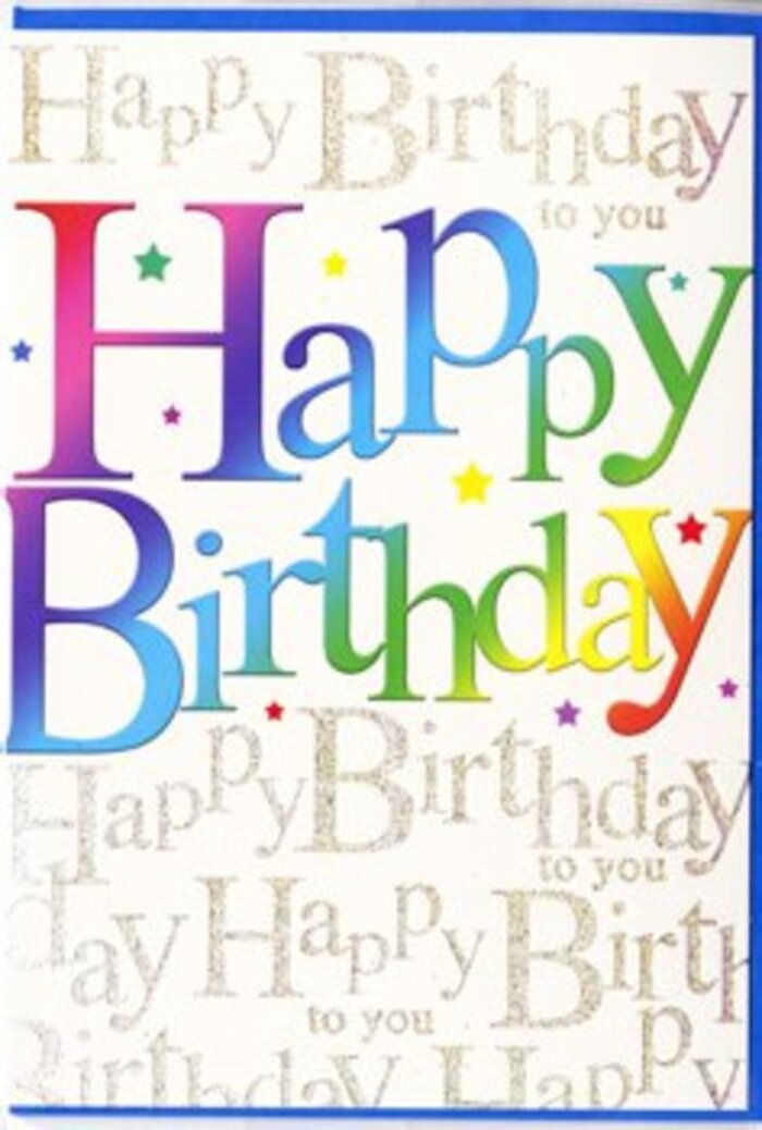 The image shows a joyful birthday card whose design feels as carefully considered as a hand-tied bouquet from a trusted local Queen's Park florist. In the centre, the phrase Happy Birthday is written in big, rounded letters that almost seem to float off the page, each one filled with a smooth gradient of colour. The tones move seamlessly from bold crimson at one edge through warm coral, lemon yellow, fresh lime, teal, and into deep sapphire and plum, creating a rainbow ribbon effect that echoes the playful energy of a weekend market near Lonsdale Road. The edges of the letters are clean yet softly shaded, giving them a three-dimensional, slightly cushioned look, as though you could run your fingers over them and feel the rise and fall of each curve. Behind this main greeting, the background is completely covered with a repeated line of cursive text, Happy Birthday to you, printed in fine, shimmering gold. The script loops gracefully, reminiscent of delicate handwriting on a favourite card kept in a drawer, and it catches the light with a gentle metallic glint, like sunlight on the gates of Queen's Park. Between the letters, tiny stars and specks in rainbow colours are scattered like celebratory sprinkles, adding a light-hearted sparkle without overwhelming the design. The surface of the card looks satiny and smooth, with a slight sheen that enhances the sense of occasion. Overall, the composition feels warm, inclusive, and festive-a perfect companion to a bouquet delivered for same-day celebration across Queen's Park and the surrounding NW6 streets.