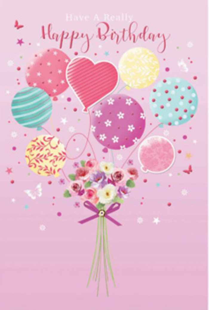 This illustrated birthday scene captures the feeling of a light-hearted celebration just off Salusbury Road, where colour and softness take centre stage. Floating above a dainty bouquet, a cluster of pastel balloons forms a playful crown of festivity, as if the flowers have been invited to a party in the air. The balloons come in a soothing palette of peachy sunlight, rosy pink, gentle teal, and lavender haze, each decorated with its own design: swirling ribbons, tiny polka dots, stylised blossoms, and wavy lines that ripple like music. At their base, the hand-tied bouquet resembles something a skilled Queen's Park florist might prepare for a birthday brunch-petite roses and small, daisy-like blooms gathered closely together. Their petals transition from cream to blush rose and pale mauve, shaded softly as though brushed by early morning light streaming through a local townhouse window. The stems are cinched with a sparkling purple bow that adds a hint of glamour without overpowering the calm, joyful palette. Around the arrangement, delicate butterflies and glimmering star shapes seem to hover, suggesting a sense of movement and wonder, like confetti catching the light. The entire composition rests on a soft pink background that enhances the gentle, romantic mood while keeping the focus firmly on the balloons and blooms. This design feels at once whimsical and carefully considered, like a birthday greeting chosen by someone who truly wants the recipient to feel cherished and celebrated within the cosy, community spirit of Queen's Park.