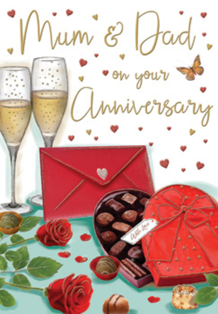 Evocative anniversary card artwork showing a richly detailed celebration tableau, reminiscent of a special evening in a Queen's Park home. At the heart of the composition stand two elegant champagne flutes, their long stems and gently curved bowls outlined with fine highlights, each glass filled with pale golden champagne that glows softly as if catching the last light of day. The bubbles rise in delicate trails, frozen mid-motion, echoing the anticipation of an anniversary toast shared in quiet gratitude. In front of the glasses, a heart-shaped box of chocolates commands attention, coloured in a deep romantic red and topped with a wide satin bow tied in a graceful flourish. The lid is partially open, revealing a tempting selection of neatly arranged chocolates, each piece shaded with care so you can almost feel the smooth sheen of the couverture. Resting nearby are two red roses, their petals richly layered and almost touchable, with lush green foliage framing them much like a freshly cut pair of stems from a Queen's Park florist's cooler. A vibrant red envelope, sealed and slightly raised at one corner, hints at private, handwritten anniversary wishes tucked safely inside. The background is studded with scattered hearts in crimson and metallic gold, some tiny and delicate, others larger and softly blurred, creating an atmosphere of romantic warmth and gentle fun. The overall colour palette-ruby, gold, and soft cream-feels like the glow of lamplight spilling across a table in a quiet street off Salusbury Road. This card image captures the essence of long-lasting love: intimate, indulgent, and filled with small, thoughtful details.