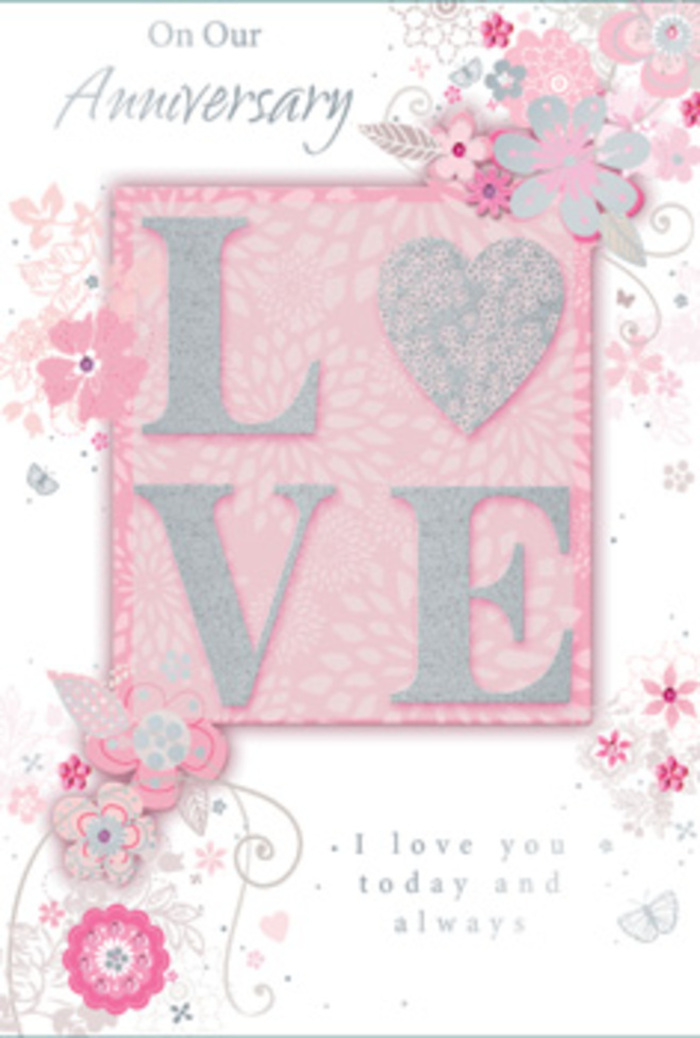 Shown close up, this anniversary card looks like a paper version of a sunlit bouquet carefully arranged by Queen's Park Flowers. The central focus is a beautifully rendered LOVE, each letter presented in a soft, frosted glitter finish that adds a velvety texture under the fingertips. The glitter is subtle, dusted along the raised edges so that the letters shimmer gently when tilted, rather than glaringly bright. The colour palette stays in serene harmony: blush pinks, soft lilac hints, creamy ivory, and a glow of pearlescent white around the letters that almost mimics the glow of afternoon light streaming into a Queen's Park townhouse. Surrounding this central word, wispy, hand-drawn blooms and leaf sprays trail along the edges and borders of the card. Their lines are fine and fluid, with petals shaded in muted pinks and lilacs and leaves in pale grey-green tones, all carefully balanced so the overall impression remains airy and uncluttered. Some flowers are fully open, while others appear as gentle buds, suggesting ongoing love and growth through the years. Interwoven with the blossoms are delicate flourishes and filigree-style curls, and if you look closely, you can spot a few tiny, almost-hidden butterflies nestled among the petals, their wings hinted at with minute strokes of silver and white. The butterflies add a soft sense of movement, as if love itself is fluttering lightly across the design. In graceful, understated typography, the message I love you today and always is nestled beneath the main motif, its simple wording giving emotional depth to the ornate surroundings. The careful balance of textured glitter, fine illustration, and soothing colour evokes the feeling of receiving a hand-tied anniversary bouquet delivered to a quiet street off Salusbury Road: calm, deeply heartfelt, and crafted with genuine care.