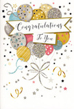 This congratulations card looks like a joyful snapshot of a celebration floating above the quiet streets around Queen's Park, its central image a cluster of balloons drawn with warmth and care. The balloons gather in the middle like a festive bouquet, overlapping to create a full, rounded shape. Their colours blend softly-muted golds, silky silvers, champagne tones, light blue, blush pink, and gentle grey-each shaded so they appear plump and softly glowing. Some are sprinkled with shimmering stars, others trail with subtle glittery stripes or delicate confetti dots, evoking the same sense of sparkle you might see in the window displays along Salusbury Road on a sunny afternoon. Fine ribbons extend from the base of the balloons, curling loosely in graceful metallic lines that twist and loop as though they are swaying in a gentle indoor breeze. A wide banner floats across the centre, carrying the words Congratulations To You in poised, flowing script, the lettering giving the impression of a heartfelt handwritten message rather than something mass-produced. Around this focal point, tiny stars, dots of confetti, and swirling lines dance over a pale, uncluttered background, suggesting music, laughter and the buzz of a party just getting started. As a florist used to helping local families celebrate exam results, promotions, and personal victories with flowers and cards delivered around Queen's Park and Brondesbury Park, I recognise in this design the same mix of pride, joy, and tenderness. It's an image of celebration that feels light, modern, and genuinely sincere.
