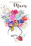 This Mother's Day card features an exuberant, floral watercolour design that feels like a bouquet captured in mid-bloom, much as you might see in the window of a Queen's Park flower shop on a spring morning. At the centre, lush flowers in cerise, fuchsia, and soft rose pink appear to overlap and swirl together, their shapes defined by graceful indigo outlines that ebb and flow like ink across damp paper. Cooler tones of blue, lilac, and muted violet weave through the arrangement, bringing a sense of calm balance to the vibrant pinks and reds. Here and there, tiny strokes and halos of shimmering gold pick out the edges of petals and leaves, adding a refined, almost luminous detail, similar to gilded accents on a luxury greeting card. The bouquet gathers into a gently rounded vase at the bottom of the image, rendered in pale, translucent washes of blue-grey that suggest smooth ceramic or frosted glass. A slender golden bow encircles the vase like a hand-tied ribbon, evoking the finishing flourish before a bouquet is carried out for a Mother's Day visit along nearby streets and cafés. Around the central flowers, scattered splatters of colour and small heart shapes drift across the clean white background, creating a lively, confetti-like effect that speaks of celebration, gratitude, and shared family memories in local homes. The entire composition feels light yet emotionally rich, translating the warmth of a child's thank-you and the reassurance of a mother's embrace into strokes of colour and graceful, floral form.
