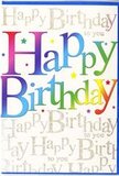 This birthday card glows with the kind of unapologetic happiness you might feel meeting friends for a celebration near Queen's Park on a bright afternoon. Across the front, the words Happy Birthday dominate the design in large, confident block letters, each one bathed in a soft gradient of colour that runs through the full spectrum-from deep berry reds and burnt orange to golden yellow, minty green, clear sky blue, and rich violet. The transitions between colours are smooth and velvety, giving the impression of carefully blended watercolours rather than flat print, and the overall effect is reminiscent of a vibrant street mural along Salusbury Road. Behind these exuberant letters, the entire background is layered with fine golden handwriting that repeats Happy Birthday to you in a looping, cursive style, like a gentle refrain sung over and over at a party. The metallic ink appears subtly raised and reflective, suggesting a premium card stock that catches ambient light in a way similar to evening sun slipping through trees in the park. Scattered around the main text are small starbursts and confetti-like dots in matching rainbow hues, adding flickers of movement and fun, as though someone has just tossed a handful of colourful confetti across the card. The overall palette mixes festive boldness with a refined shimmer, making it suitable for both milestone birthdays and simple, heartfelt wishes. It is easy to picture this card standing beside a fresh arrangement from Queen's Park Flowers, ready to deliver a bright, memorable message to someone special in NW6.