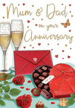 Warm, romantic anniversary card scene illustrated with the loving detail of a carefully styled table in a Queen's Park flat. Two tall champagne flutes rise in the background, standing close together, their crystal-clear glass brimming with golden fizz that seems to shimmer, ready for a heartfelt anniversary toast. In the foreground, a heart-shaped chocolate box in deep red takes centre stage, its satin ribbon tied into a sumptuous bow with trailing ends that curve gracefully across the card. The lid is slightly open, revealing a tidy array of chocolates, each piece nestled like a tiny treasure, suggesting sweet moments waiting to be shared. Just beside the box lie two perfect red roses, their velvety petals unfurled in rich ruby layers, with glossy green leaves providing a fresh, natural contrast, reminiscent of something lovingly chosen from a local Queen's Park flower shop. A bright scarlet envelope rests casually nearby, sealed and subtly tilted, evoking an intimate, handwritten message-perhaps addressed to Mum & Dad on their special day. The background is softly animated by floating hearts in crimson and gold, some outlined with fine metallic strokes, giving a festive yet tender feel akin to confetti drifting through warm evening light. Hints of soft shadow under the glasses and envelope add depth, as though the scene were arranged on a polished table in a quiet home off Kensal Rise. The overall impression is one of cosy, indulgent celebration: the silent clink of glasses, the imagined scent of roses, and the gentle sweetness of marking another year together.